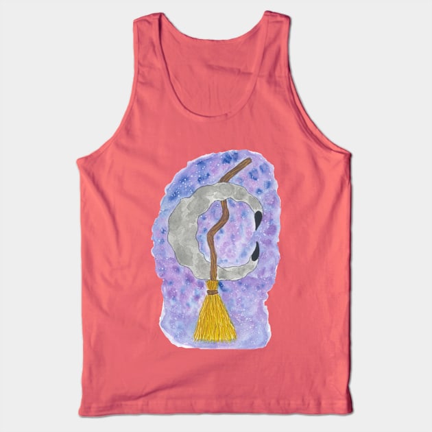 Silver Moon and Witch Broomstick Against the Starry Night Sky Hand Drawn Watercolor and Ink Artwork Tank Top by EndlessDoodles